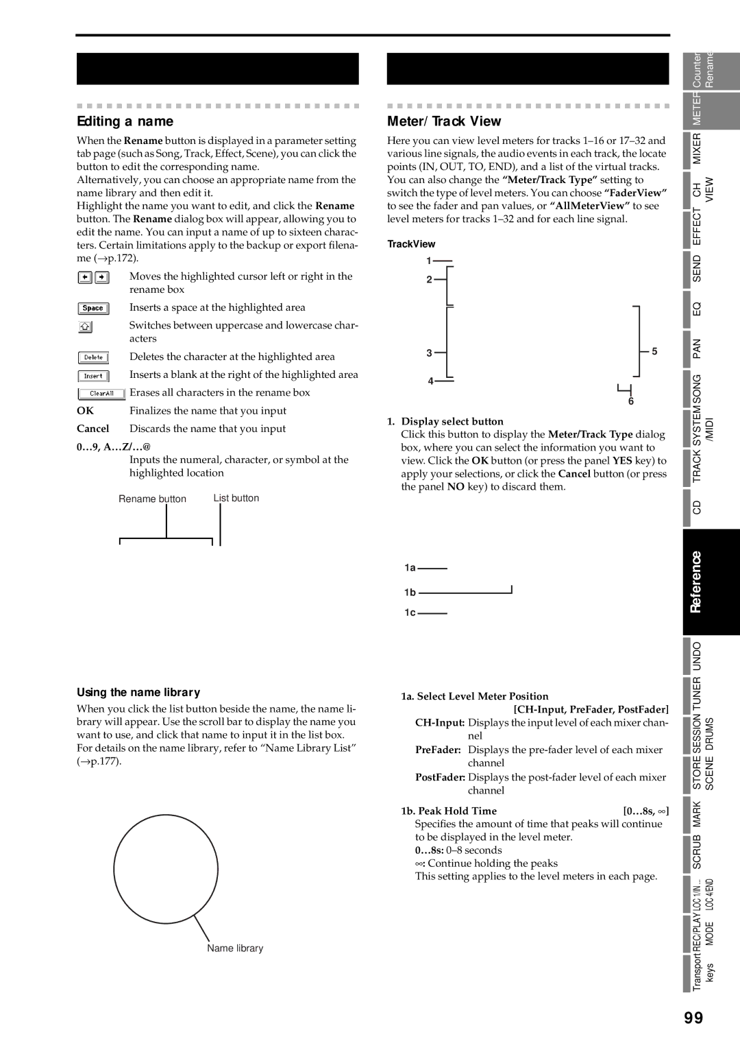 Korg D3200 owner manual Rename, Editing a name, Meter/Track View, Using the name library 