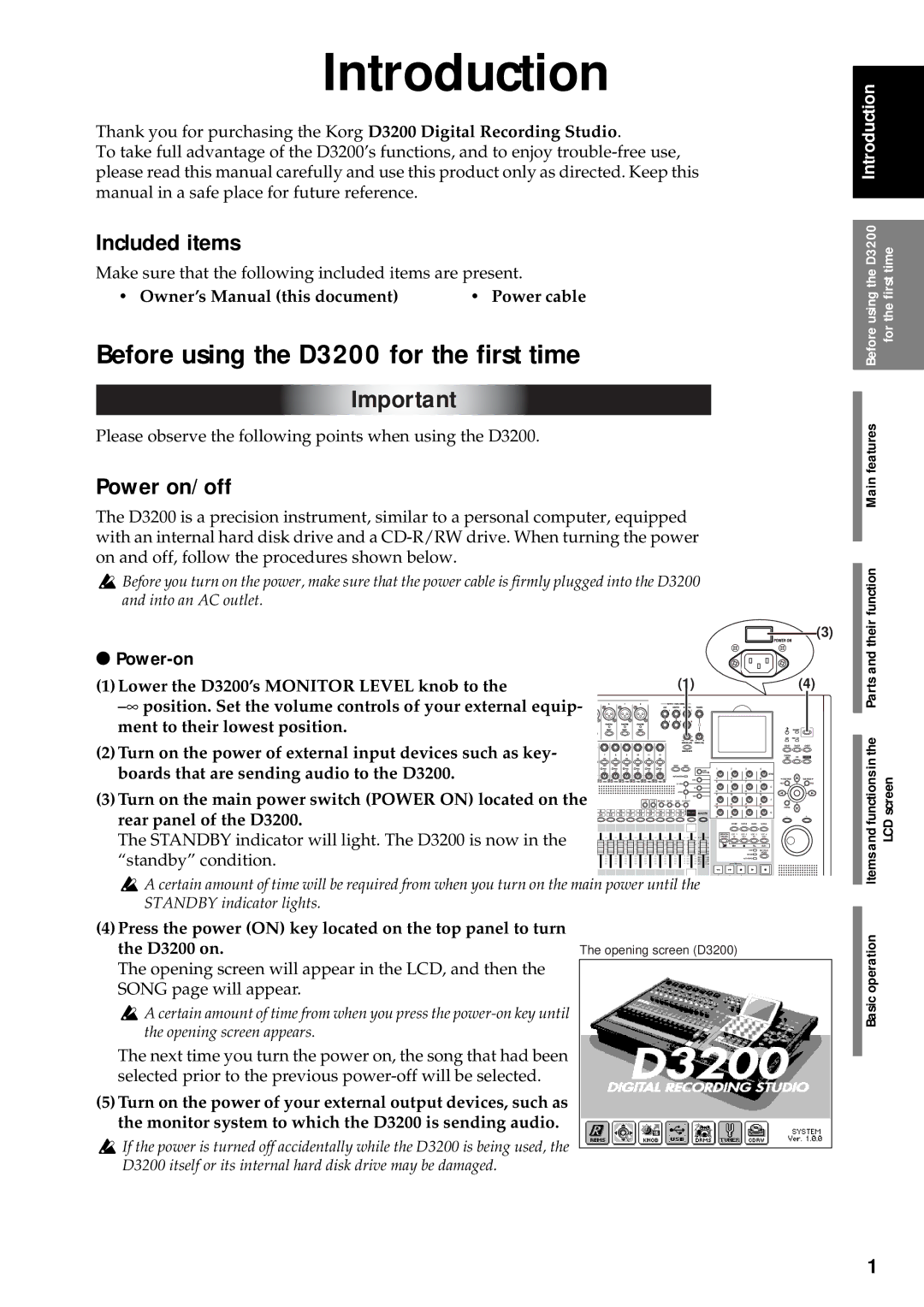 Korg owner manual Before using the D3200 for the ﬁrst time, Included items, Power on/off, Power-on 