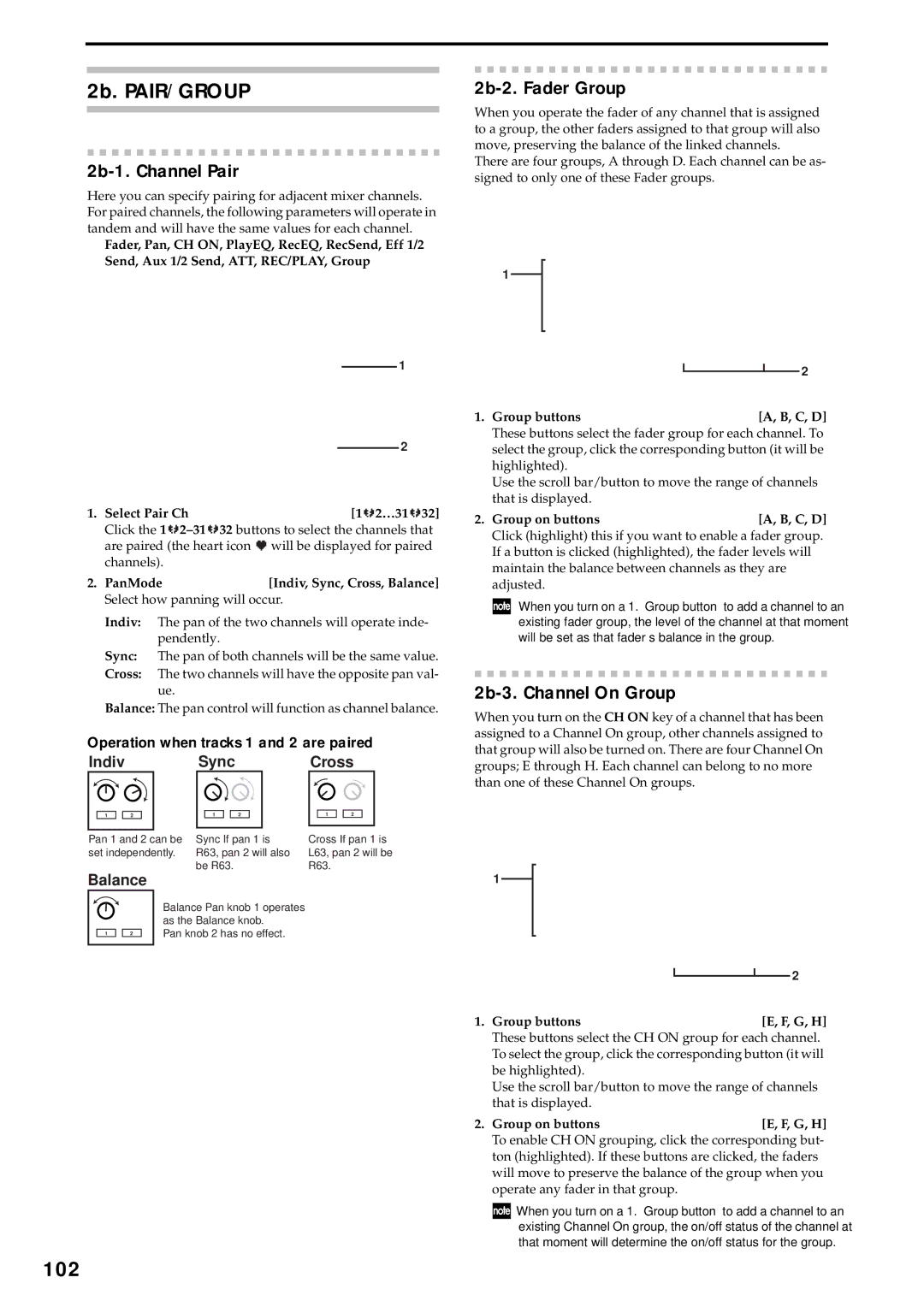 Korg D3200 owner manual 2b. PAIR/GROUP, 102, 2b-1. Channel Pair, 2b-2. Fader Group, 2b-3. Channel On Group 