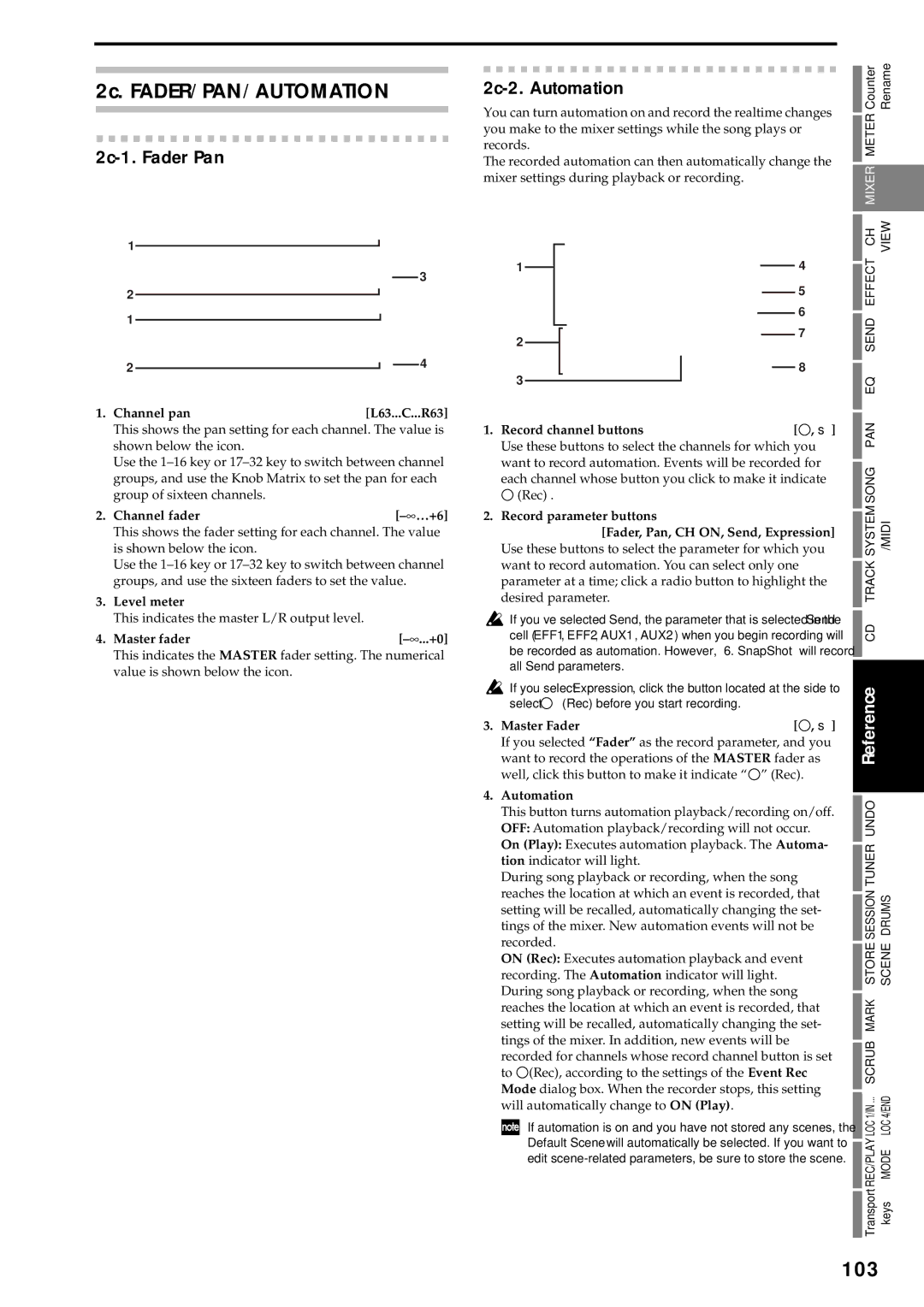 Korg D3200 owner manual 2c. FADER/PAN/AUTOMATION, 103, 2c-1. Fader Pan, 2c-2. Automation 