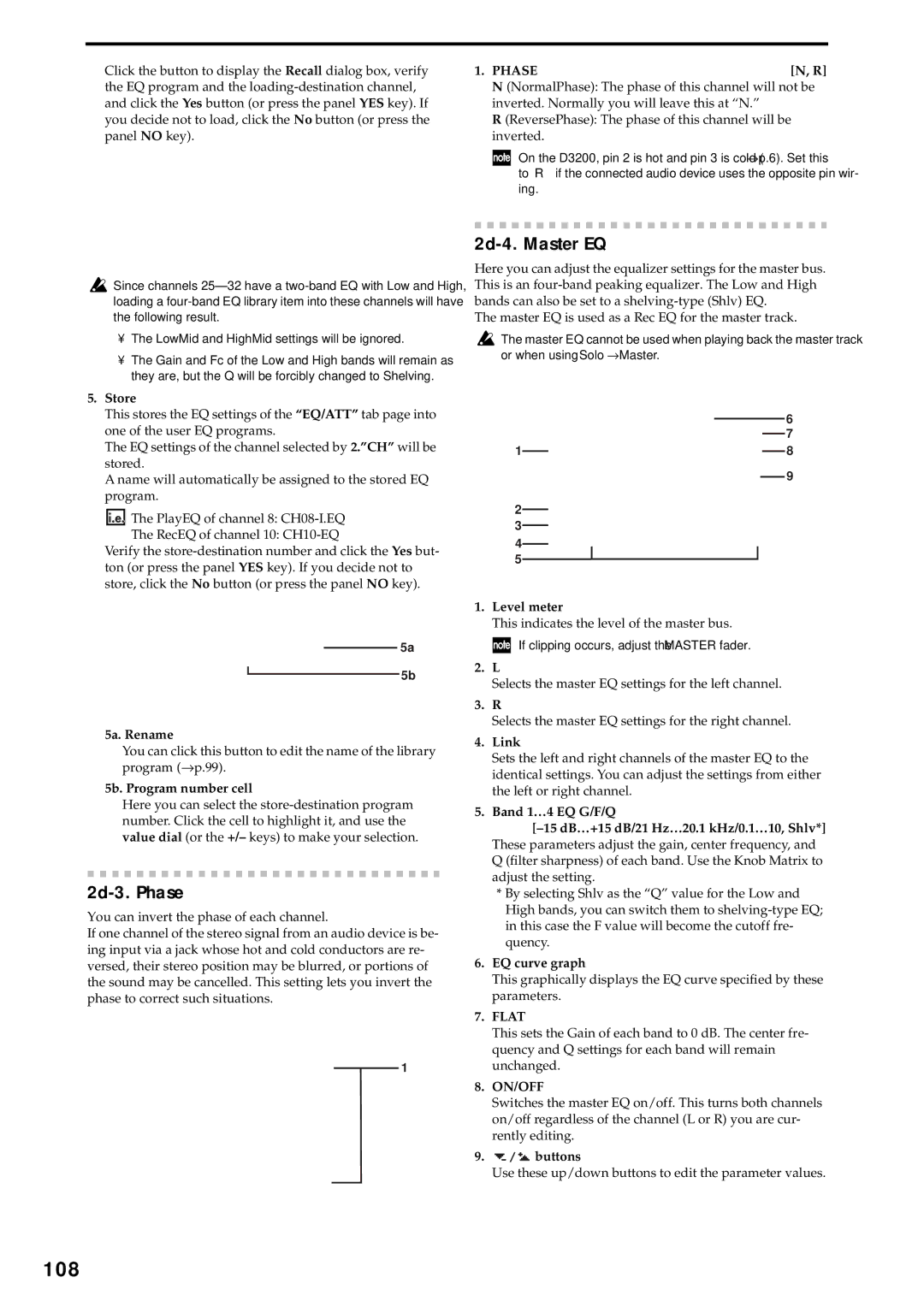 Korg D3200 owner manual 108, 2d-3. Phase, 2d-4. Master EQ 