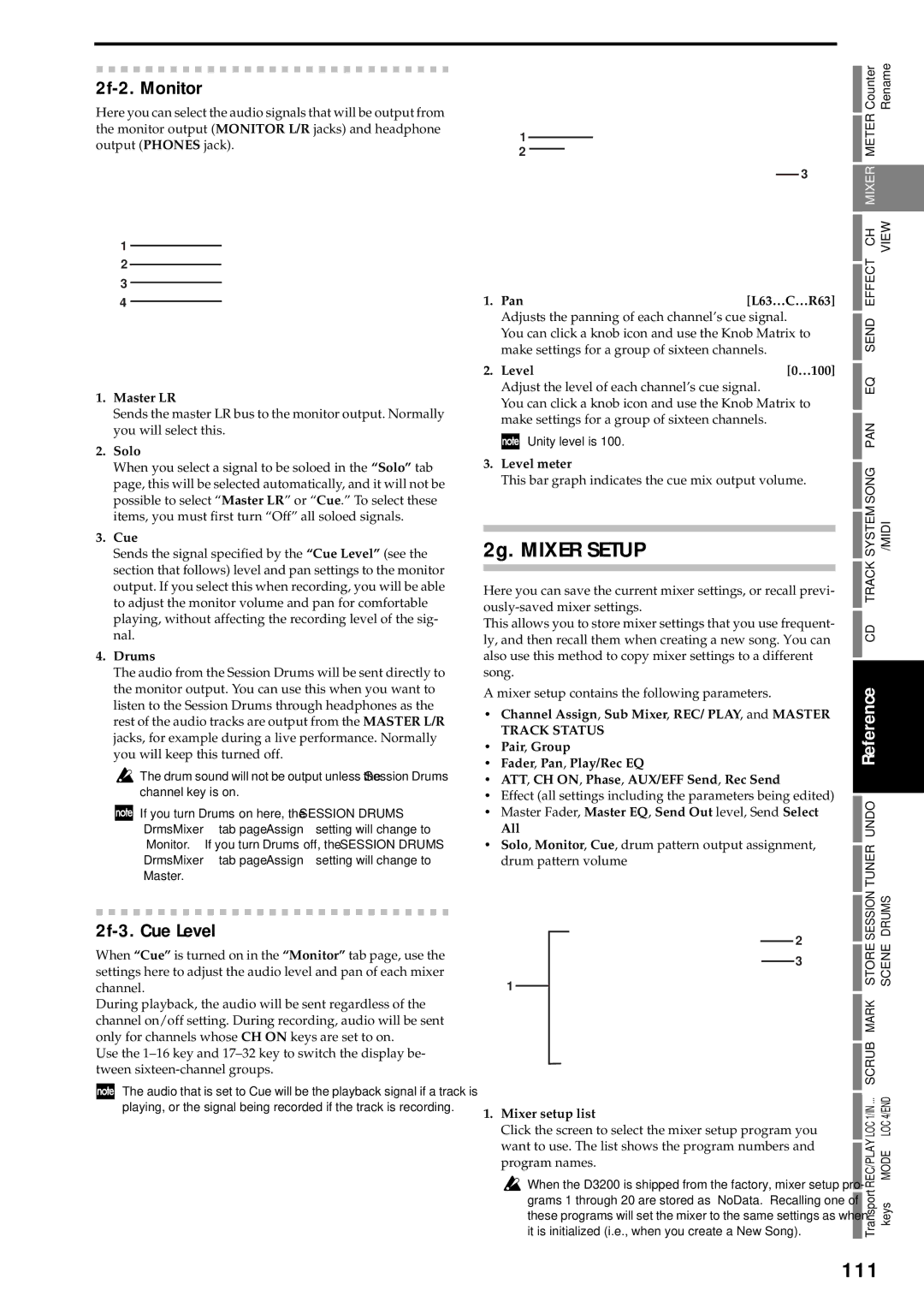 Korg D3200 owner manual 2g. Mixer Setup, 111, 2f-2. Monitor, 2f-3. Cue Level, Track Status 