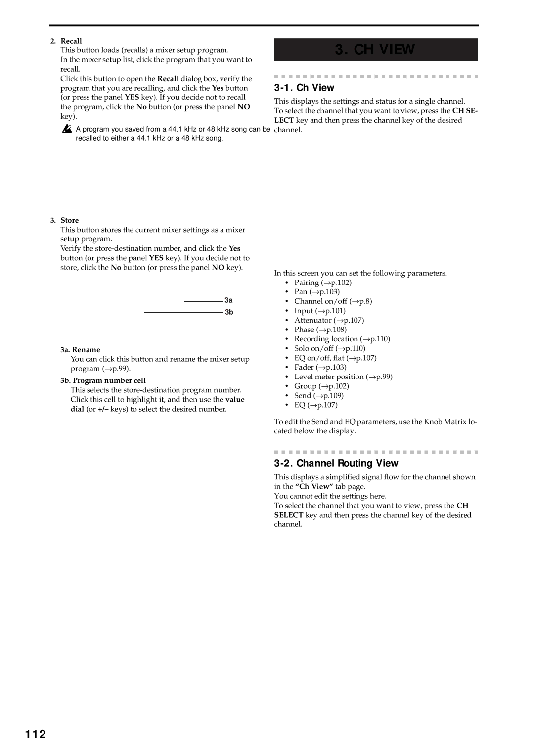 Korg D3200 owner manual 112, Ch View, Channel Routing View, 3a. Rename, 3b. Program number cell 