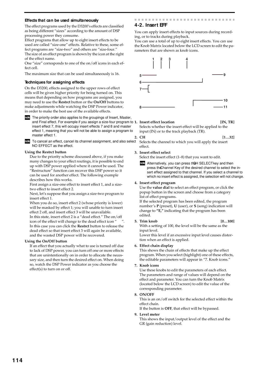 Korg D3200 owner manual 114, Insert EFF, Effects that can be used simultaneously, Techniques for assigning effects 