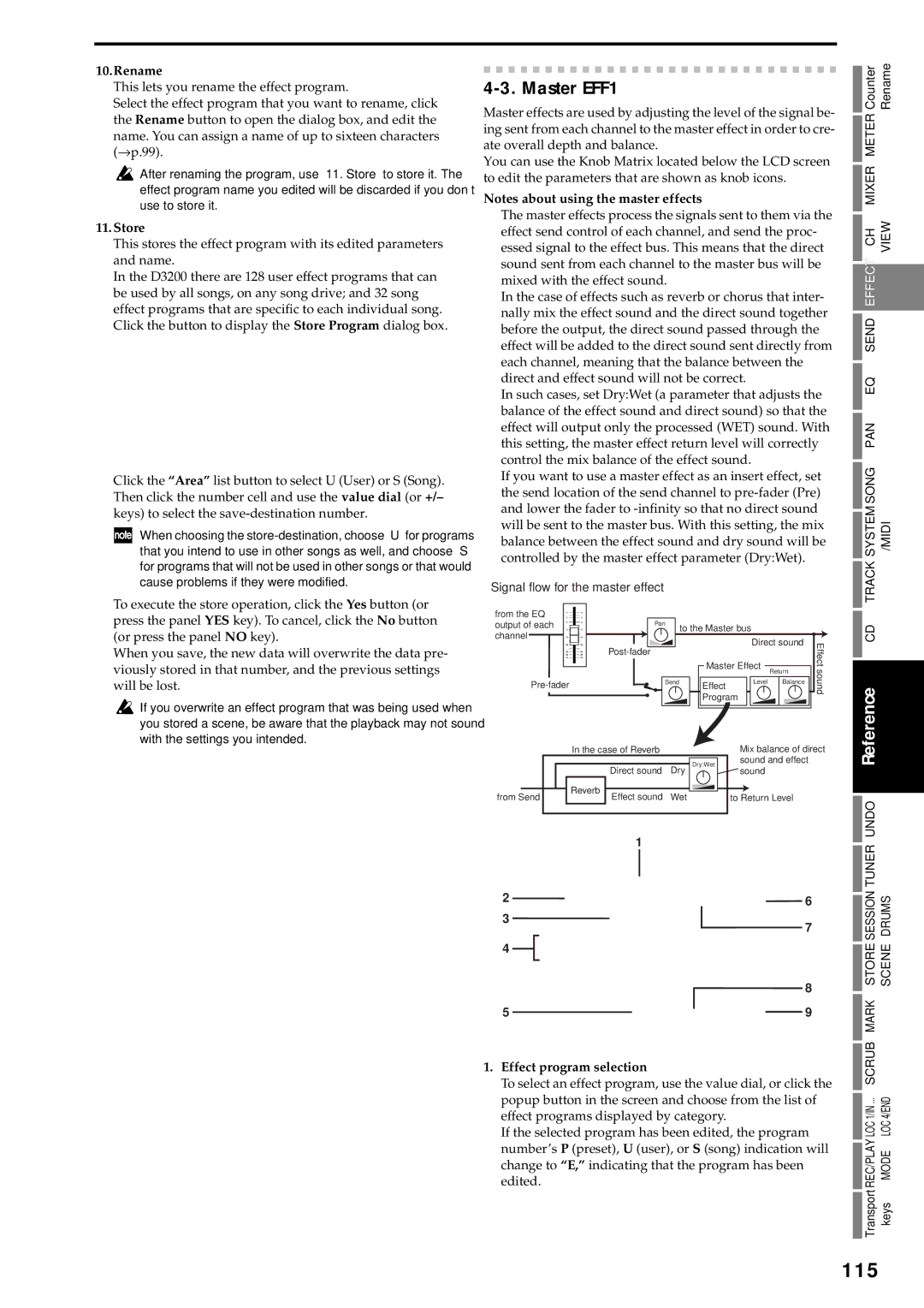 Korg D3200 owner manual 115, Master EFF1, Effect program selection 