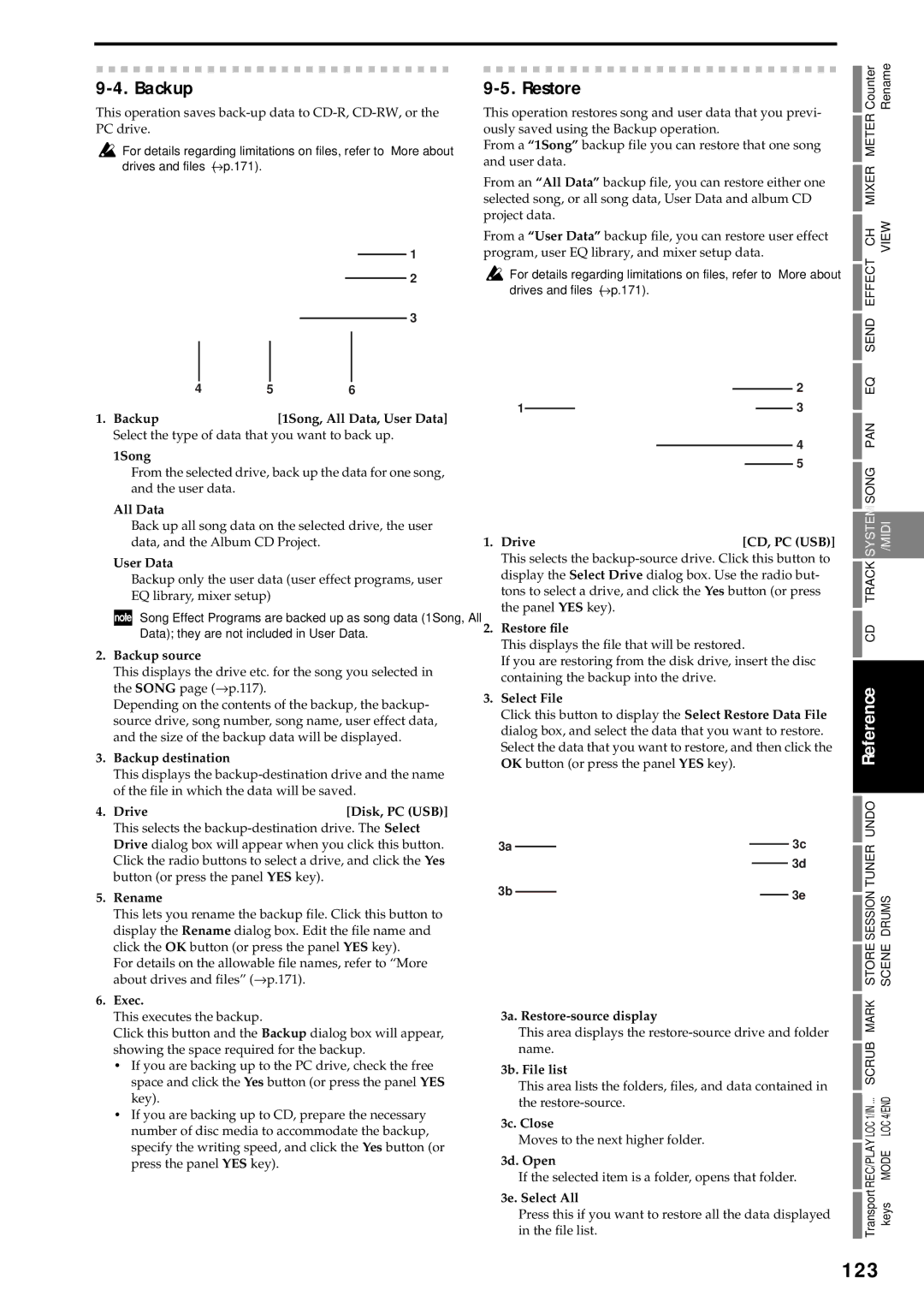 Korg D3200 owner manual 123, Backup, Restore 