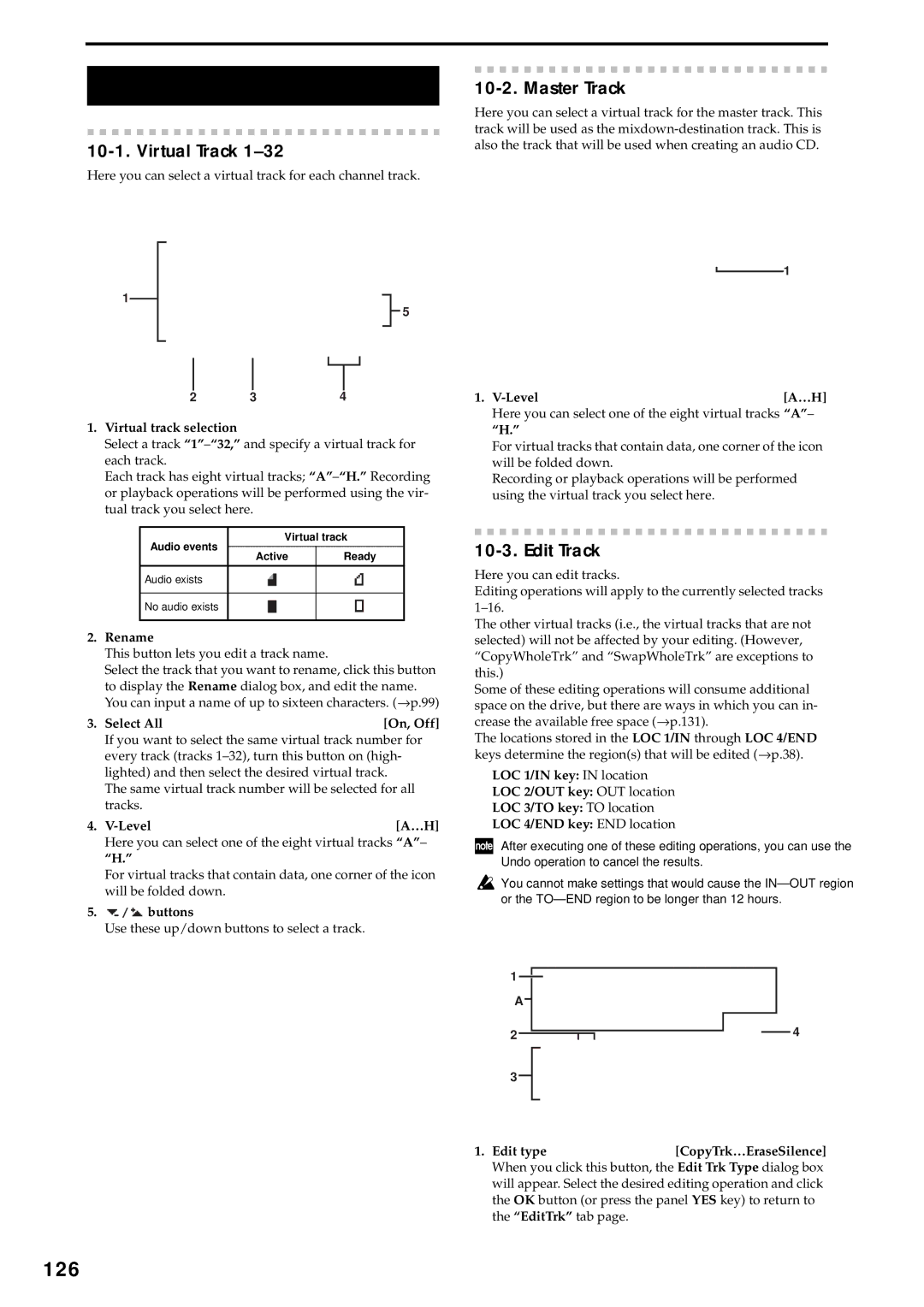 Korg D3200 owner manual 126, Virtual Track, Master Track, Edit Track 