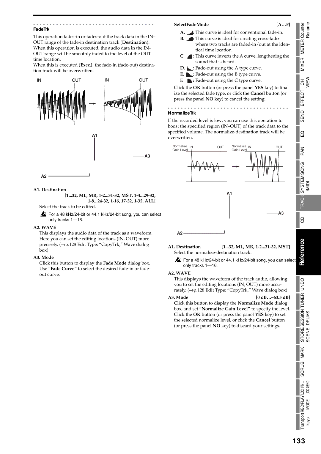 Korg D3200 owner manual 133, FadeTrk, NormalizeTrk, A3. Mode, SelectFadeMode 