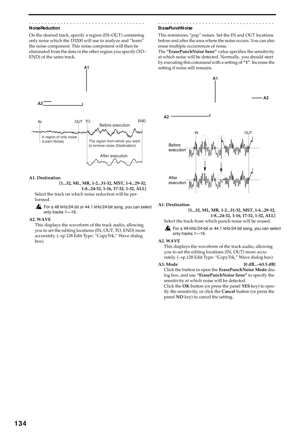 Korg D3200 owner manual 134, NoiseReduction, ErasePunchNoise, Before execution After execution 