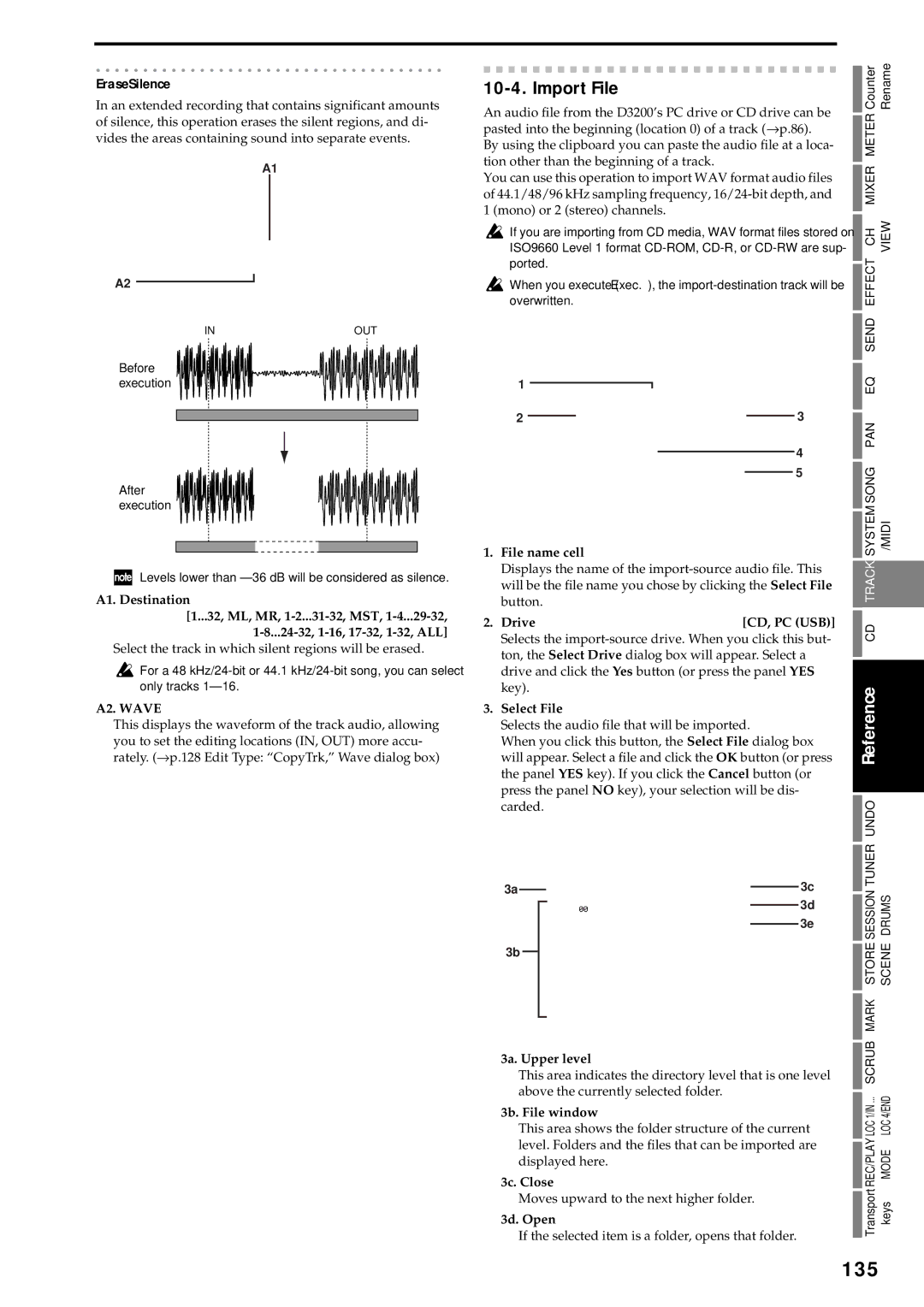 Korg D3200 owner manual 135, Import File, EraseSilence 