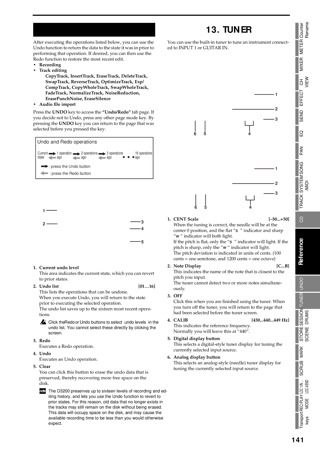 Korg D3200 owner manual Undo, 141, Calib 