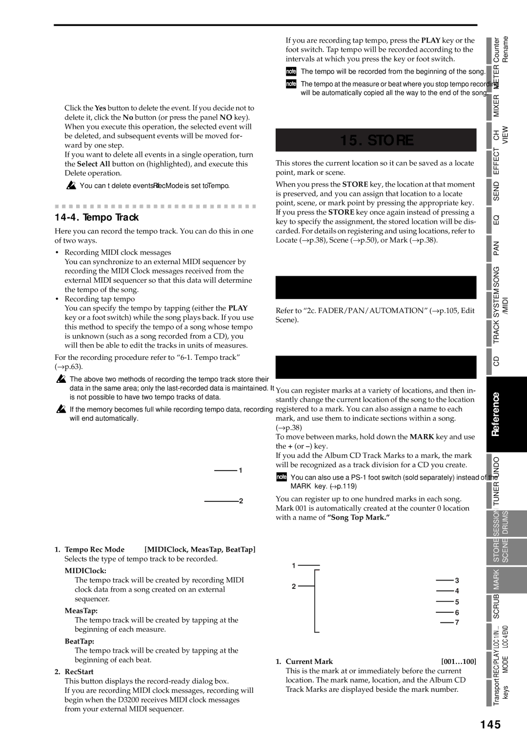 Korg D3200 owner manual Mark, 145, Tempo Track 