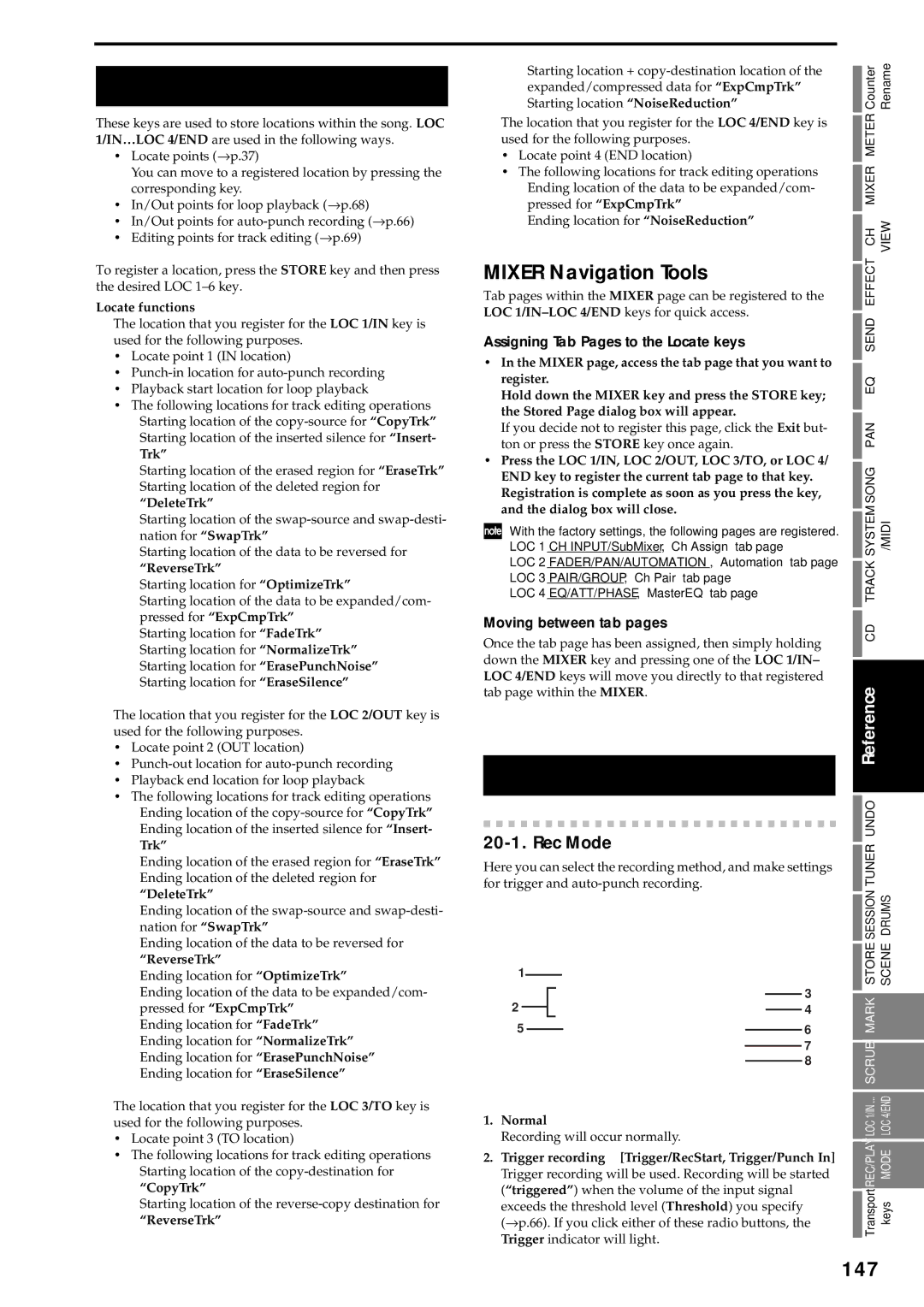 Korg D3200 owner manual LOC 1/IN, … LOC 4/END, Mixer Navigation Tools, 147, Rec Mode 