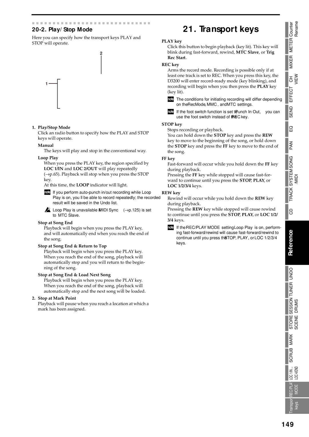 Korg D3200 owner manual Transport keys, 149, Play/Stop Mode 