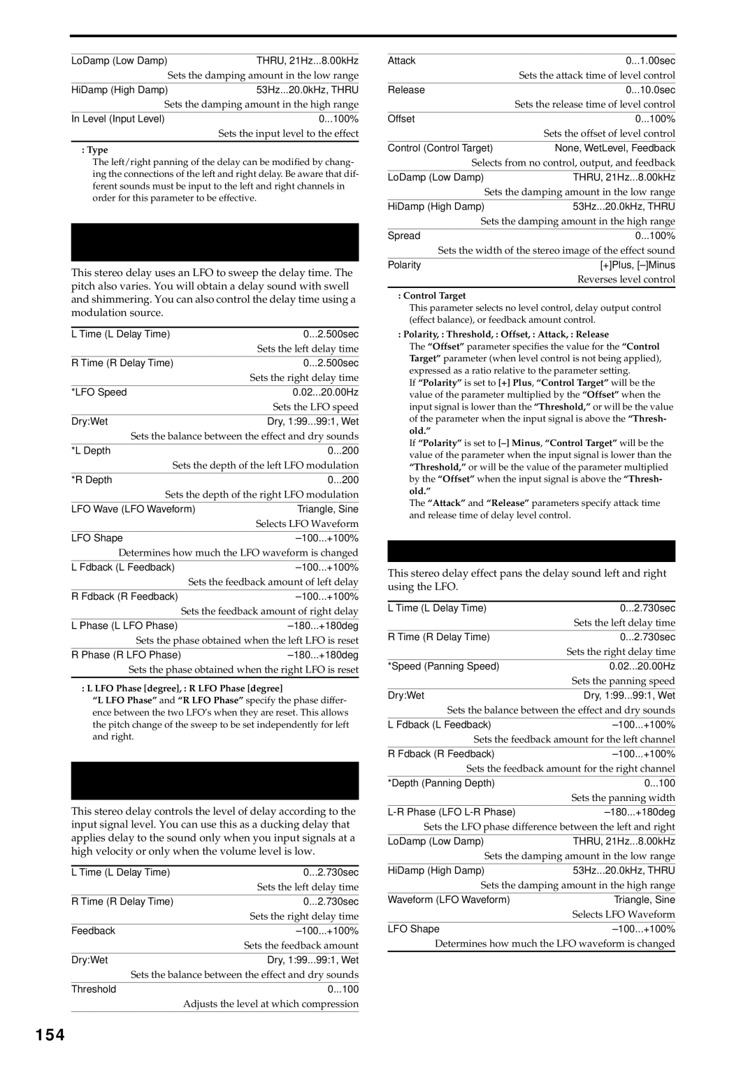 Korg D3200 owner manual 154, 11 St.Modulation Dly Stereo Modulation Delay, Auto Panning Delay 