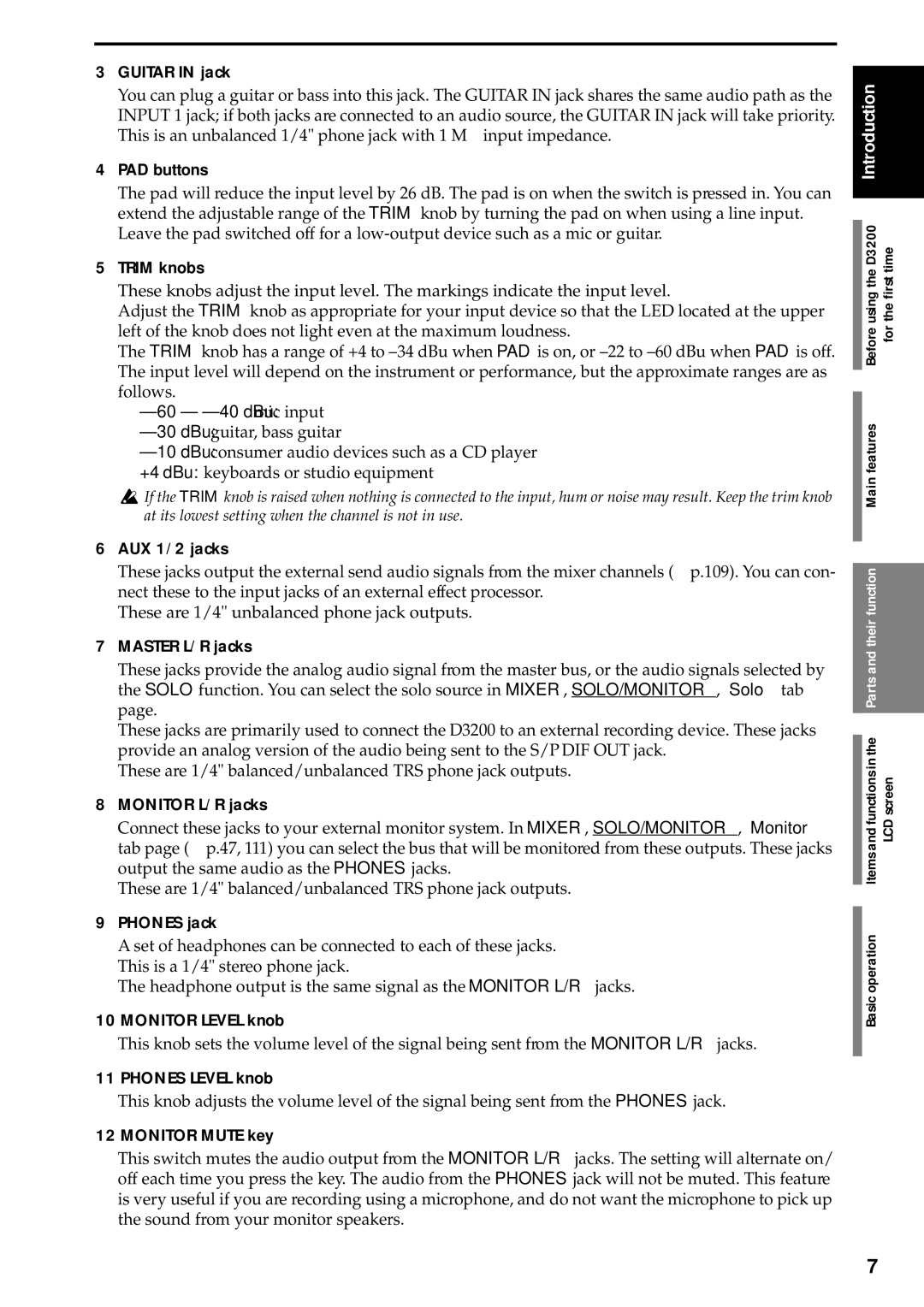 Korg D3200 owner manual 60 -40 dBu mic input 