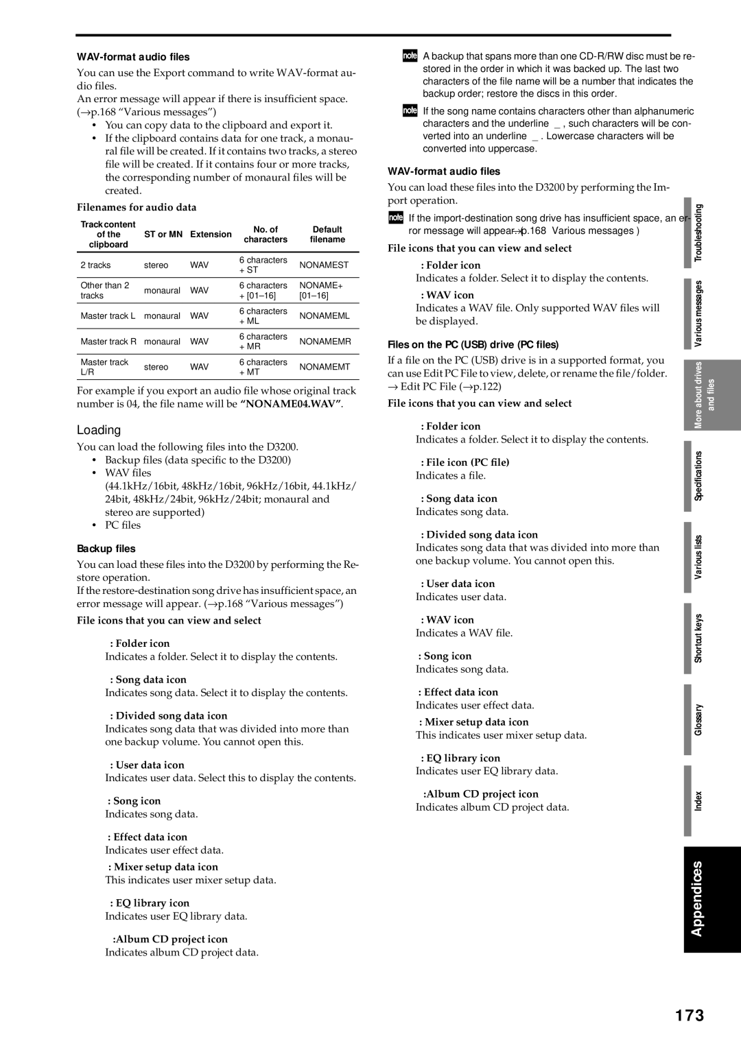 Korg D3200 owner manual 173, Loading, WAV-format audio ﬁles, Files on the PC USB drive PC ﬁles 