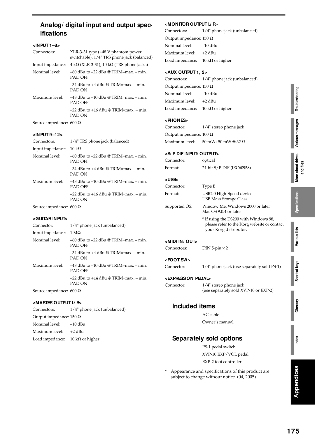 Korg D3200 owner manual 175, Input 