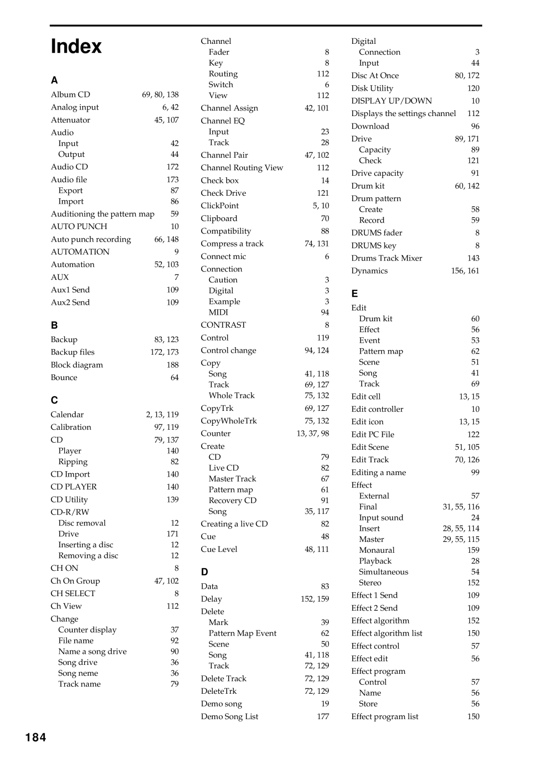 Korg D3200 owner manual Index, 184 