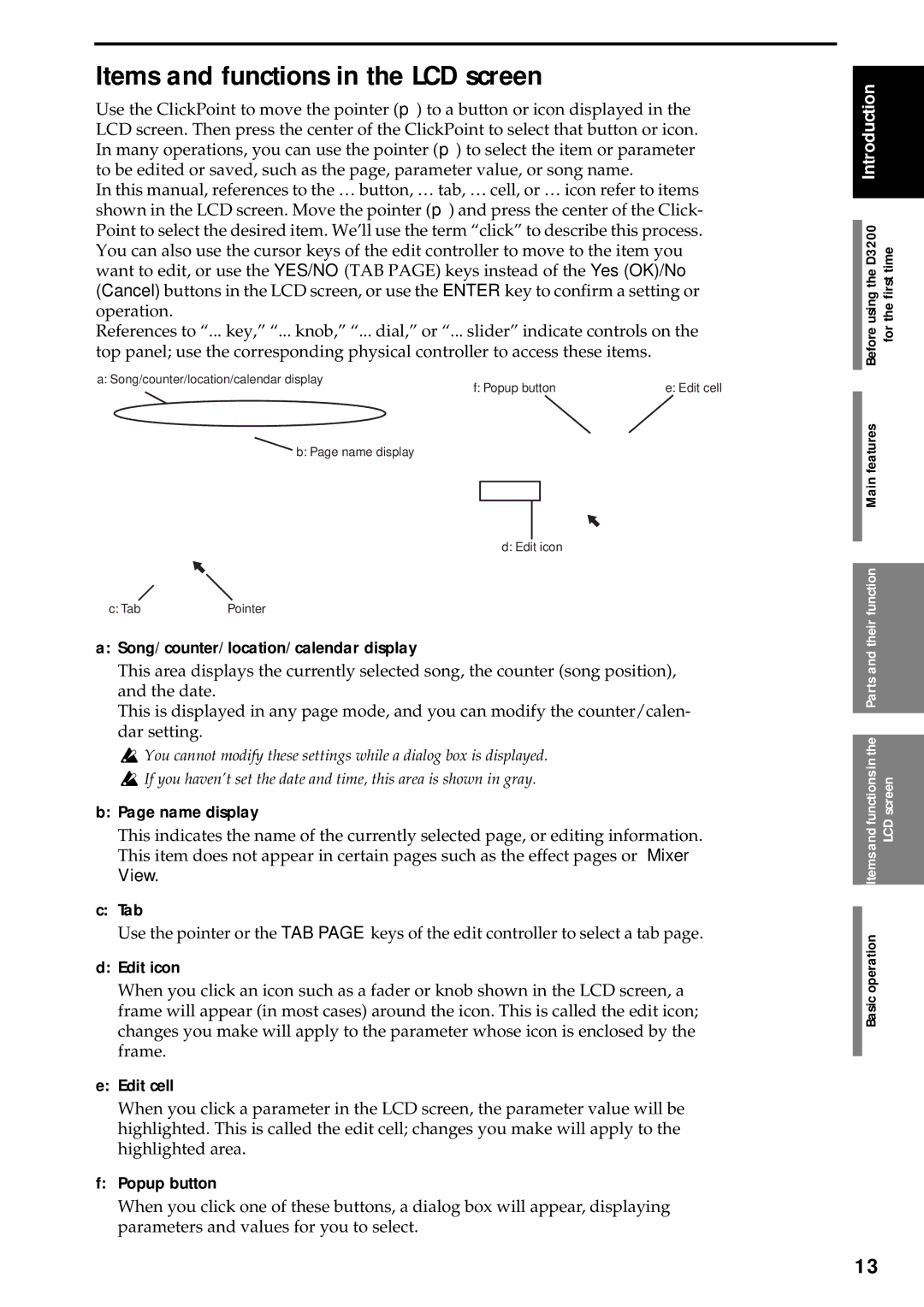 Korg D3200 owner manual Items and functions in the LCD screen, View 