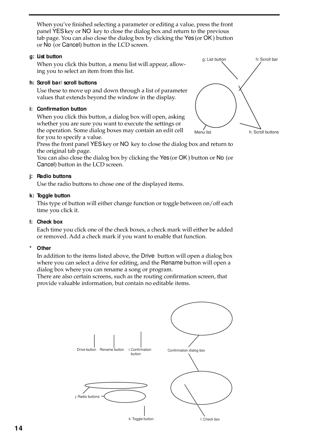 Korg D3200 List button, Scroll bar/scroll buttons, Conﬁrmation button, Radio buttons, Toggle button, Check box, Other 