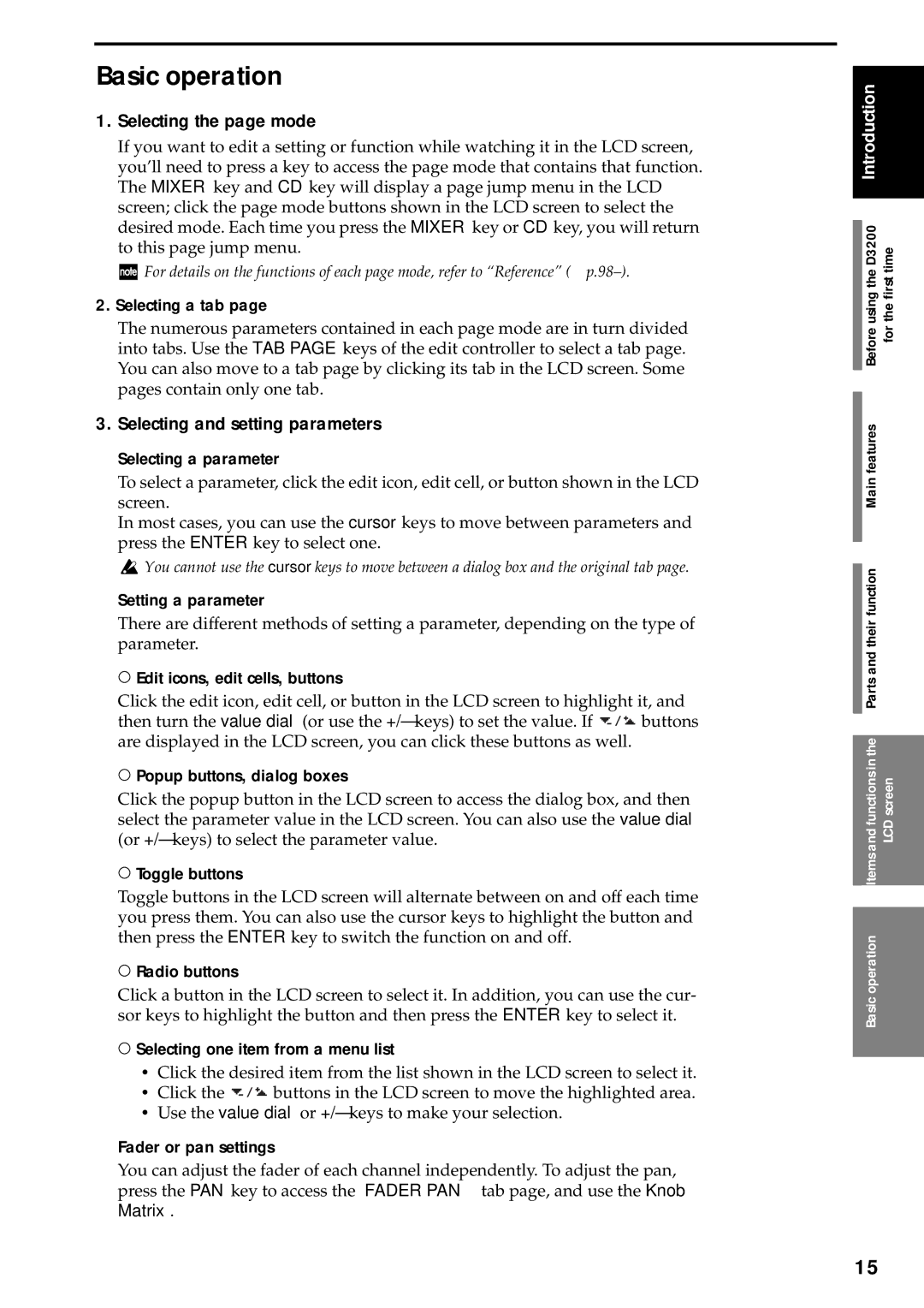 Korg D3200 owner manual Basic operation, Selecting the page mode, Selecting and setting parameters 