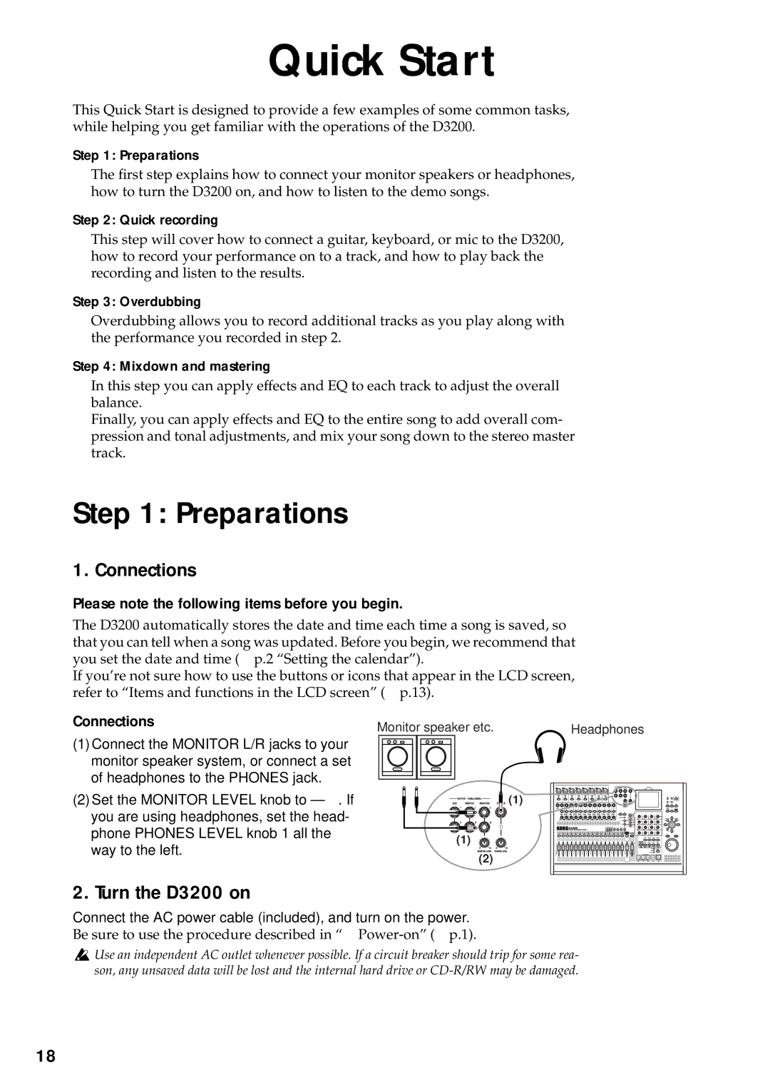 Korg owner manual Connections, Turn the D3200 on, Please note the following items before you begin 