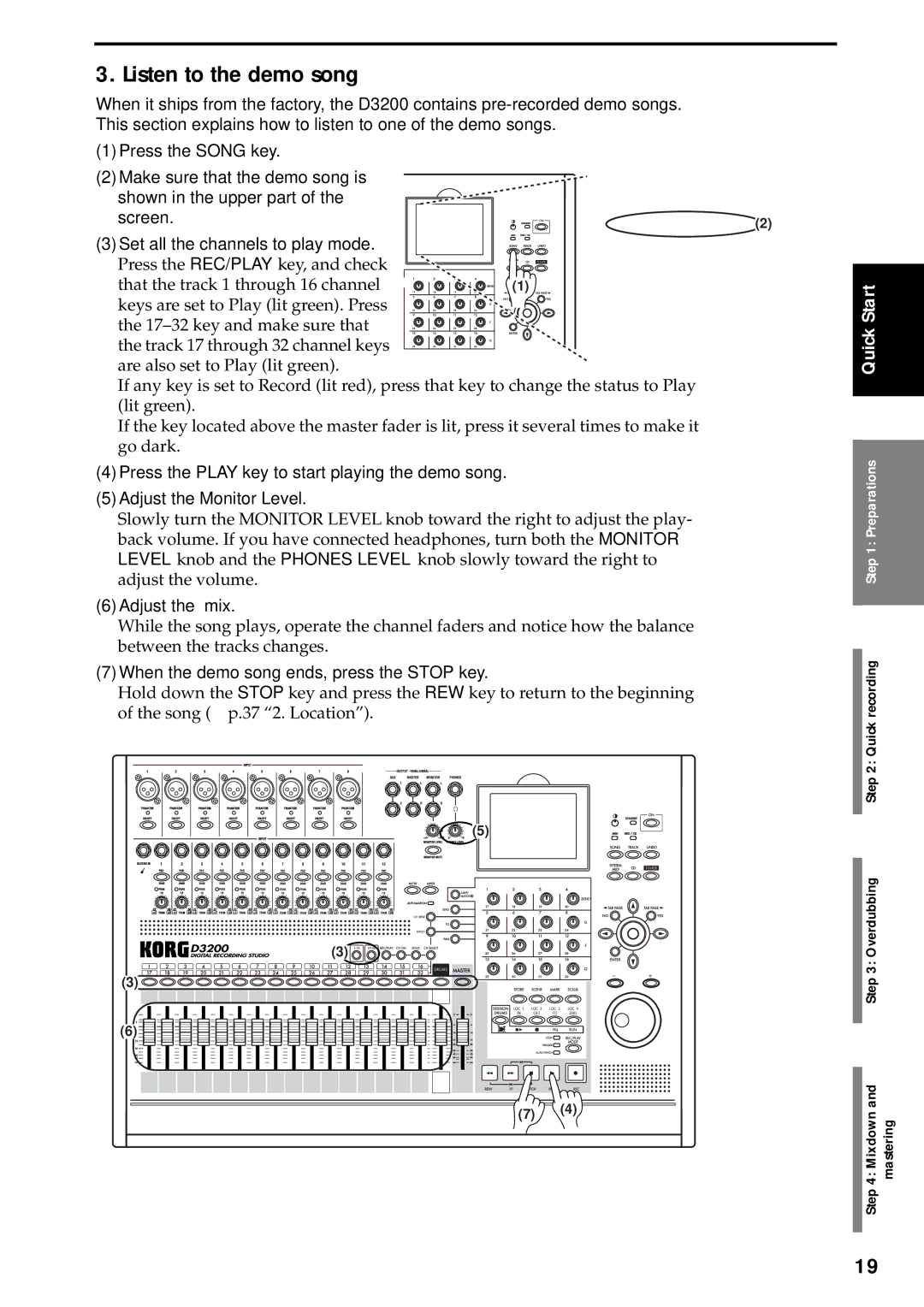 Korg D3200 owner manual Listen to the demo song, Adjust the mix, When the demo song ends, press the Stop key 