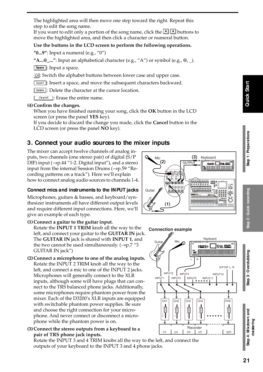 Korg D3200 owner manual Connect your audio sources to the mixer inputs, Connect mics and instruments to the Input jacks 