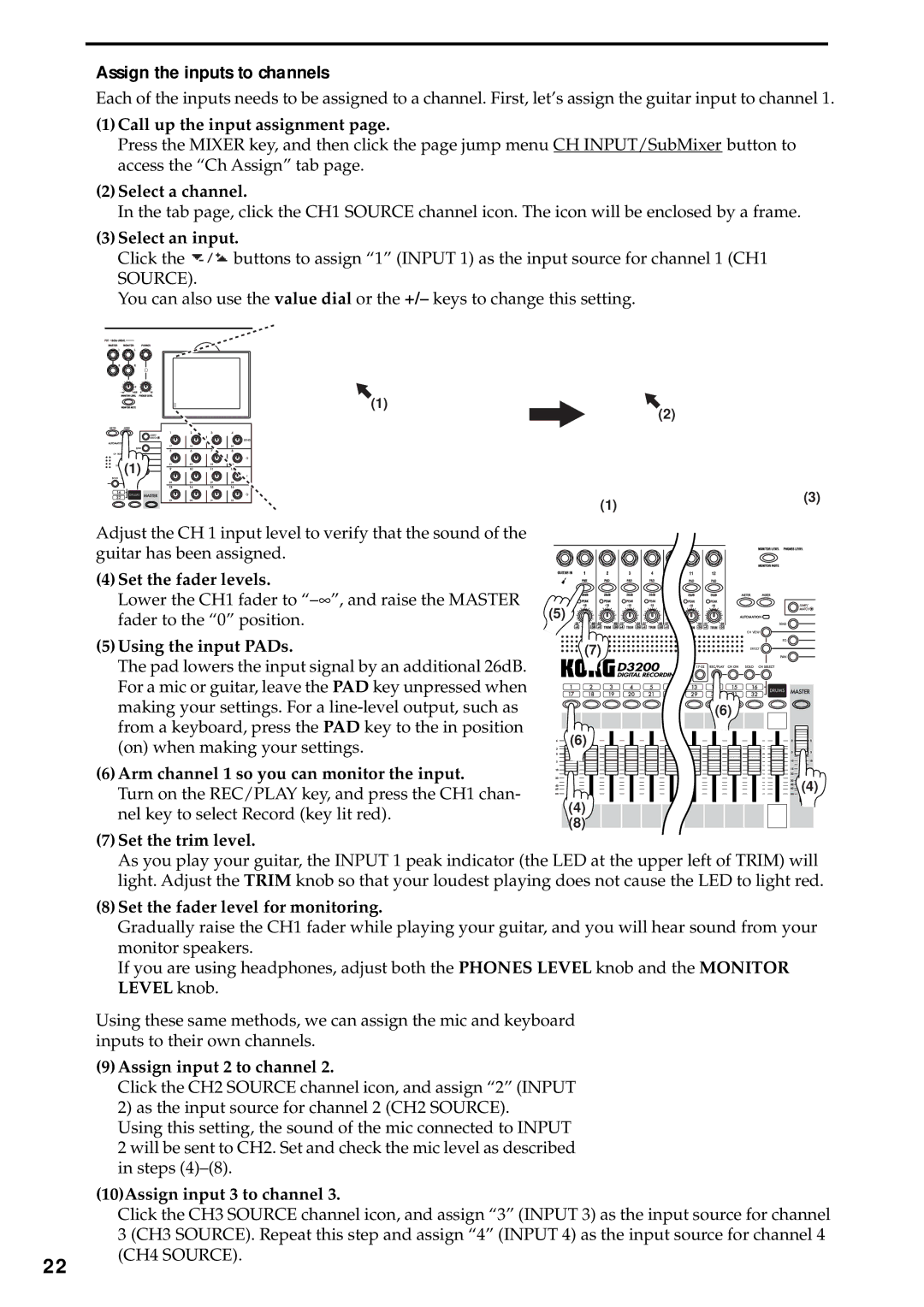 Korg D3200 owner manual Assign the inputs to channels 