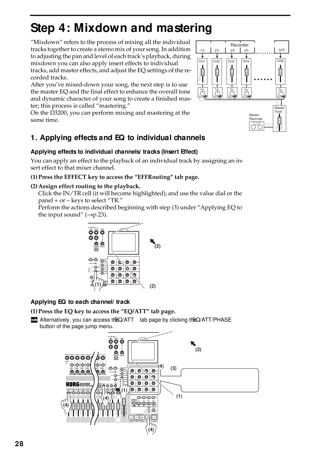 Korg D3200 owner manual Applying effects and EQ to individual channels, Applying EQ to each channel/track 