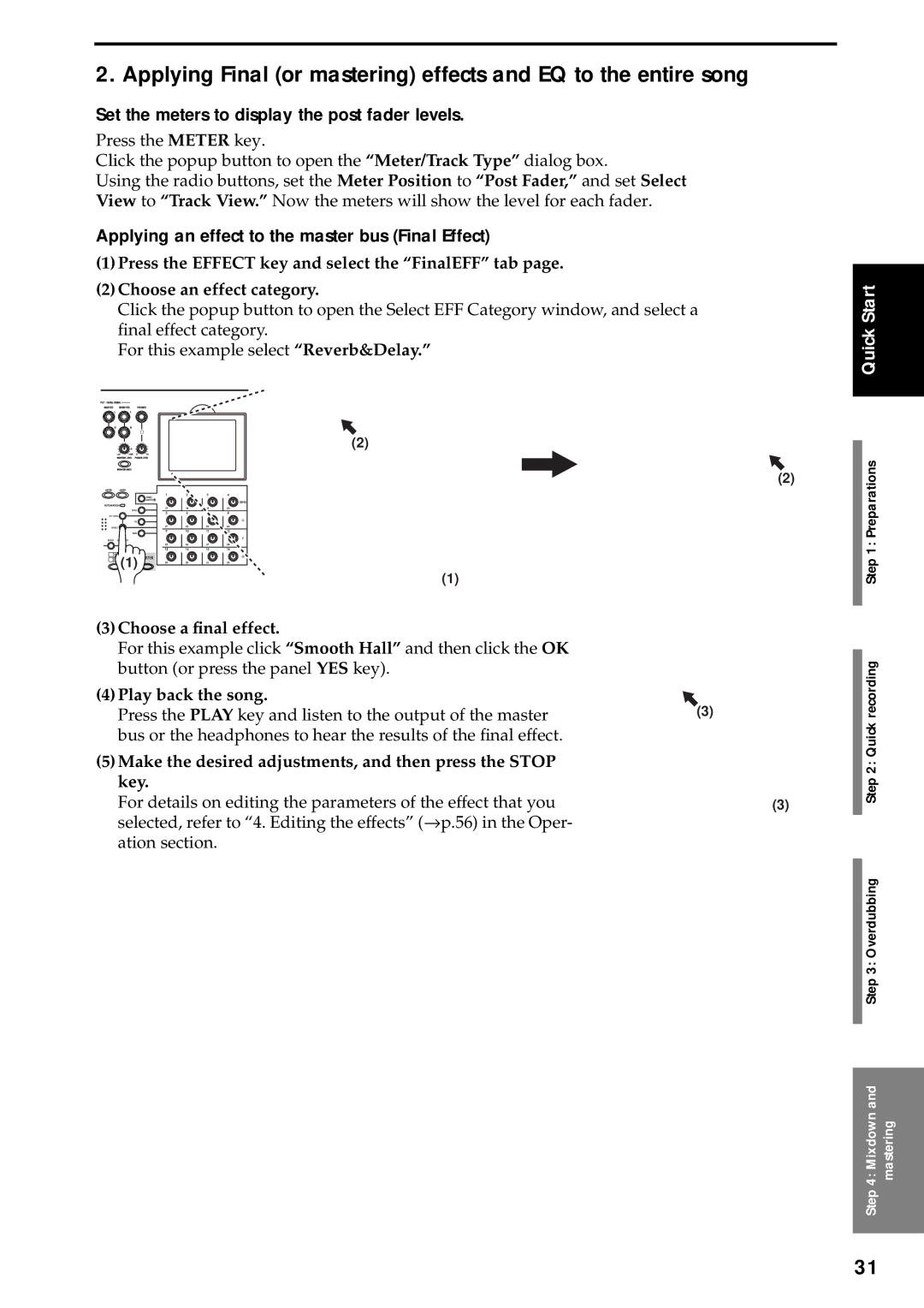 Korg D3200 owner manual Set the meters to display the post fader levels, Applying an effect to the master bus Final Effect 