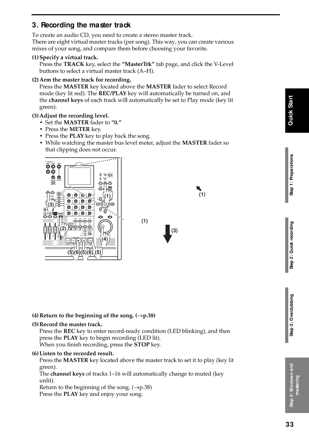 Korg D3200 owner manual Recording the master track, Specify a virtual track, Arm the master track for recording 