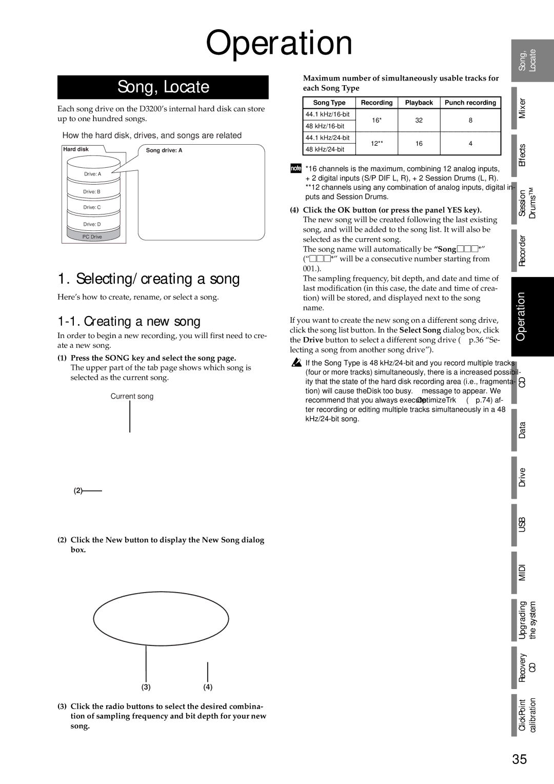 Korg D3200 owner manual Selecting/creating a song, Creating a new song 