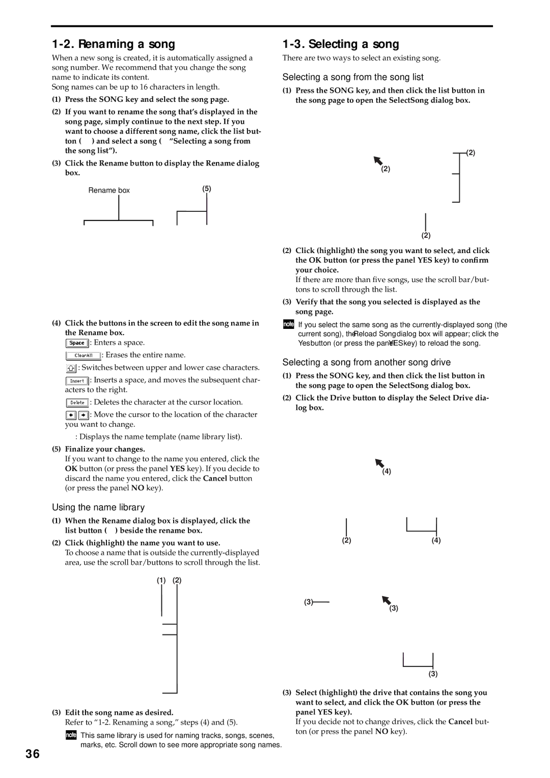 Korg D3200 owner manual Renaming a song, Using the name library, Selecting a song from the song list 