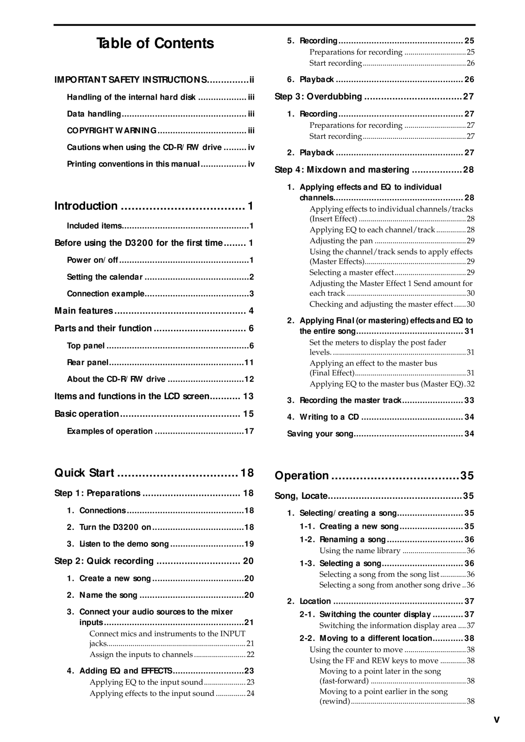 Korg D3200 owner manual Table of Contents 