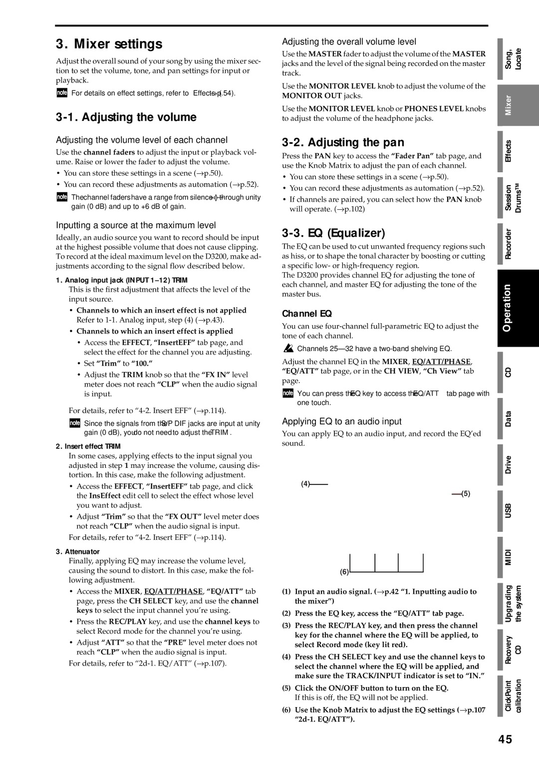 Korg D3200 owner manual Mixer settings, Adjusting the volume, Adjusting the pan, EQ Equalizer, Channel EQ 