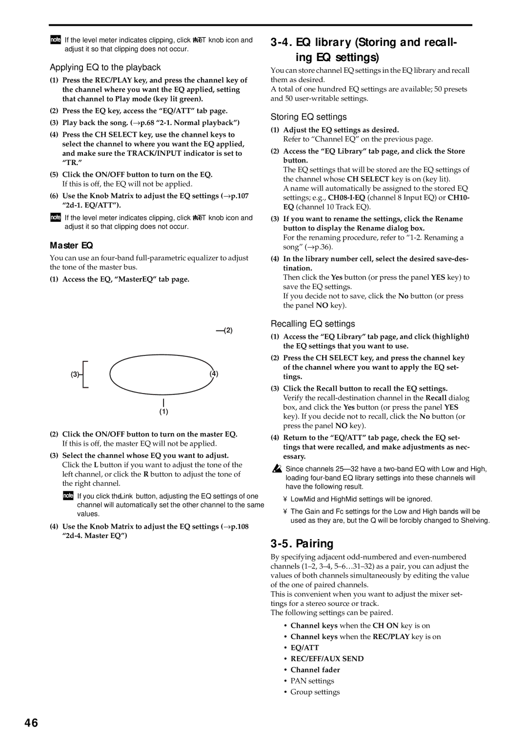 Korg D3200 owner manual EQ library Storing and recall- ing EQ settings, Pairing, Master EQ 