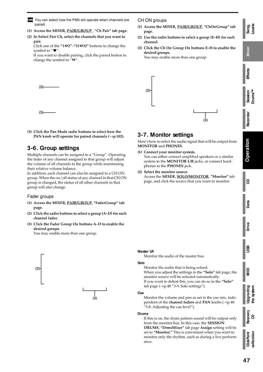 Korg D3200 owner manual Group settings, Monitor settings, Fader groups, CH on groups 