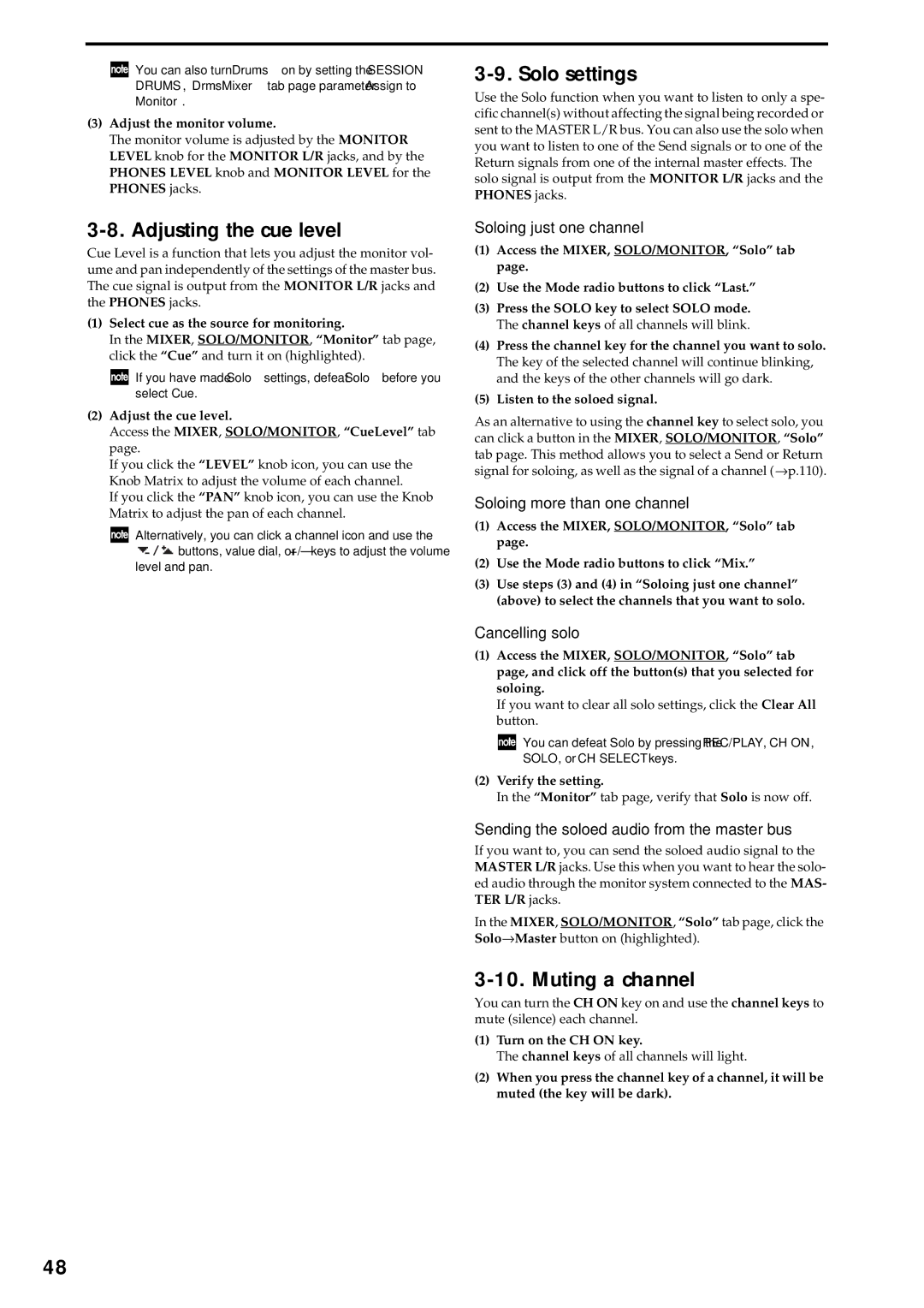 Korg D3200 owner manual Adjusting the cue level, Solo settings, Muting a channel 