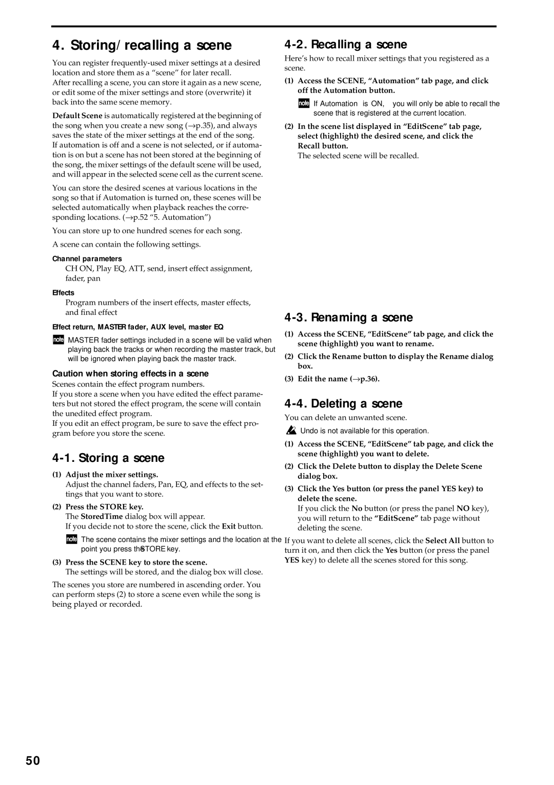 Korg D3200 owner manual Storing/recalling a scene, Storing a scene, Recalling a scene, Renaming a scene, Deleting a scene 