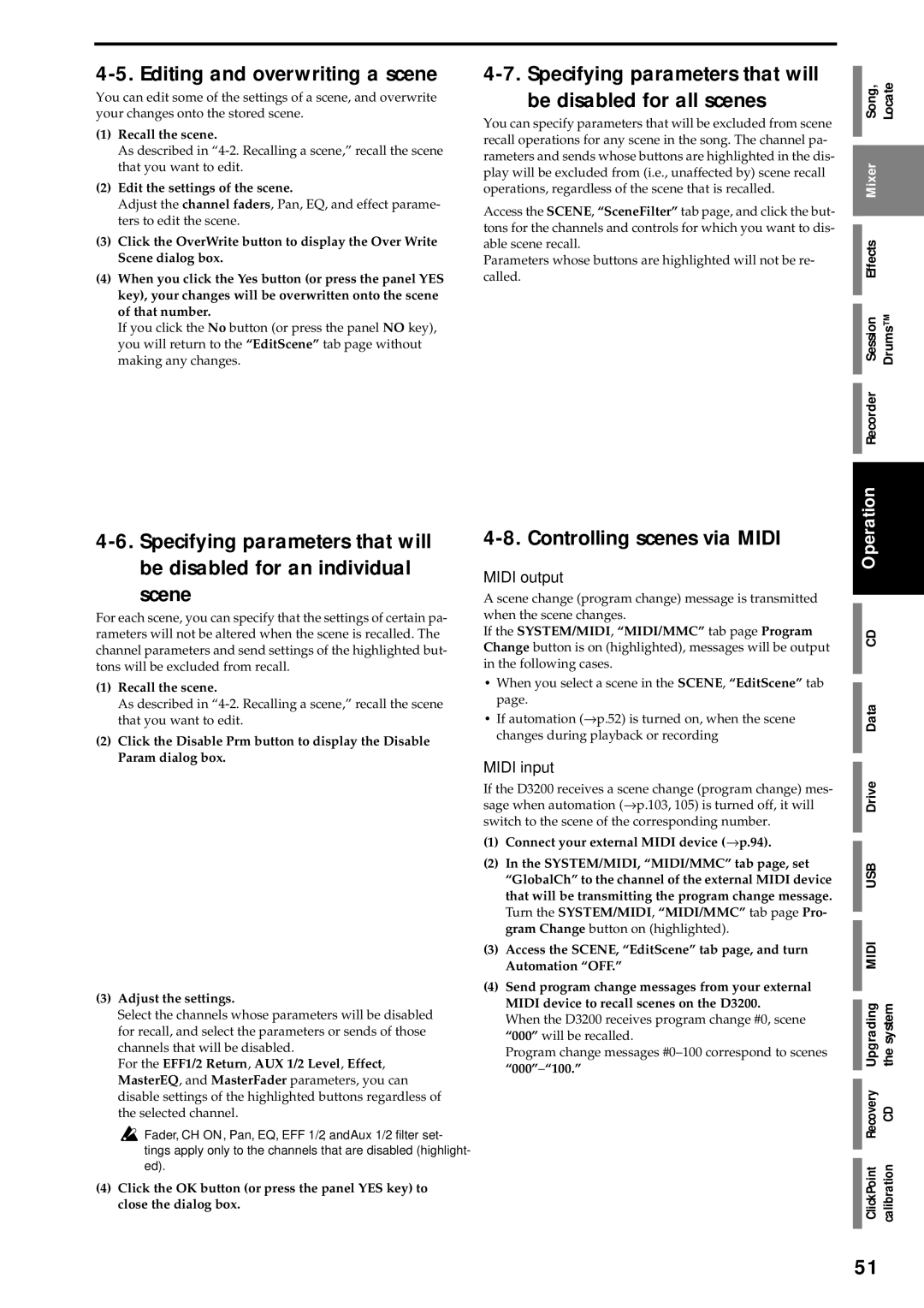 Korg D3200 Editing and overwriting a scene, Specifying parameters that will be disabled for all scenes, Midi output 