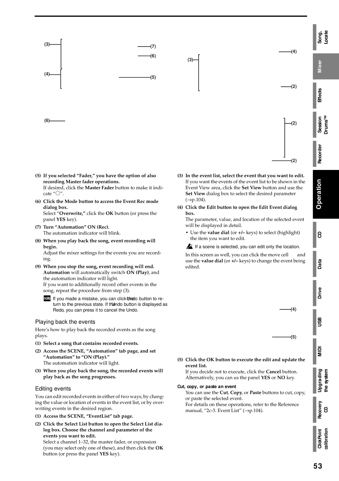 Korg D3200 owner manual Playing back the events, Editing events, Turn Automation on Rec 