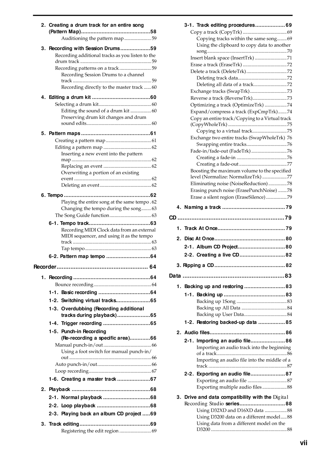 Korg D3200 owner manual Vii, Recorder, Data 