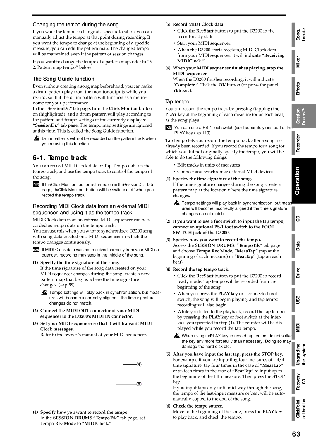 Korg D3200 owner manual Tempo track, Song Guide function, Changing the tempo during the song, Tap tempo 