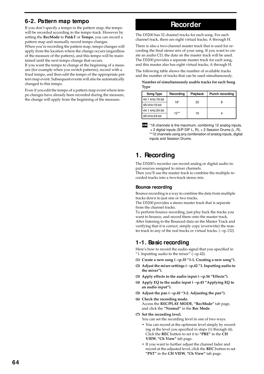 Korg D3200 owner manual Recording, Pattern map tempo, Basic recording, Bounce recording 