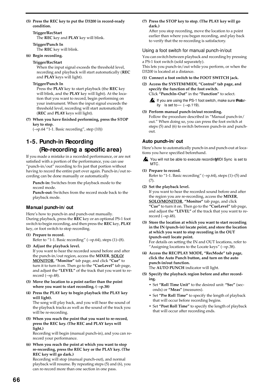 Korg D3200 owner manual Manual punch-in/out, Auto punch-in/out, Using a foot switch for manual punch-in/out 