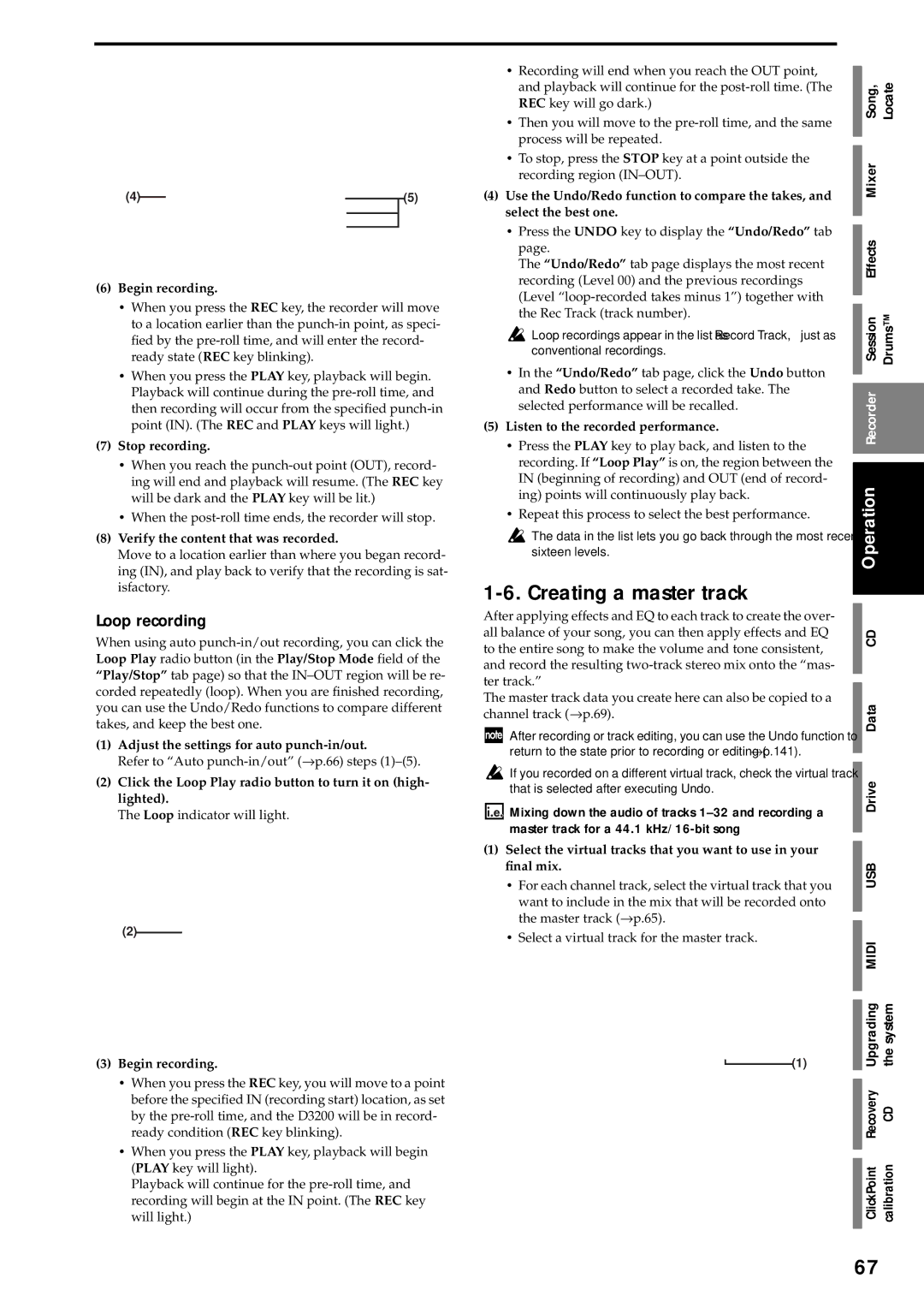 Korg D3200 owner manual Creating a master track, Loop recording, Song Locate Mixer Effects Session Drums 