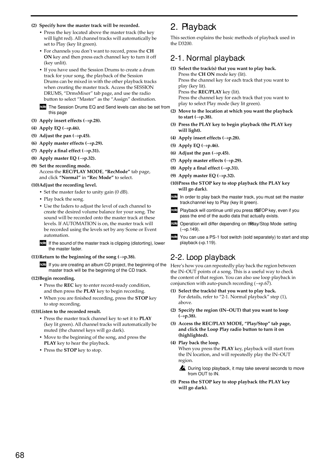 Korg D3200 owner manual Playback, Normal playback, Loop playback 