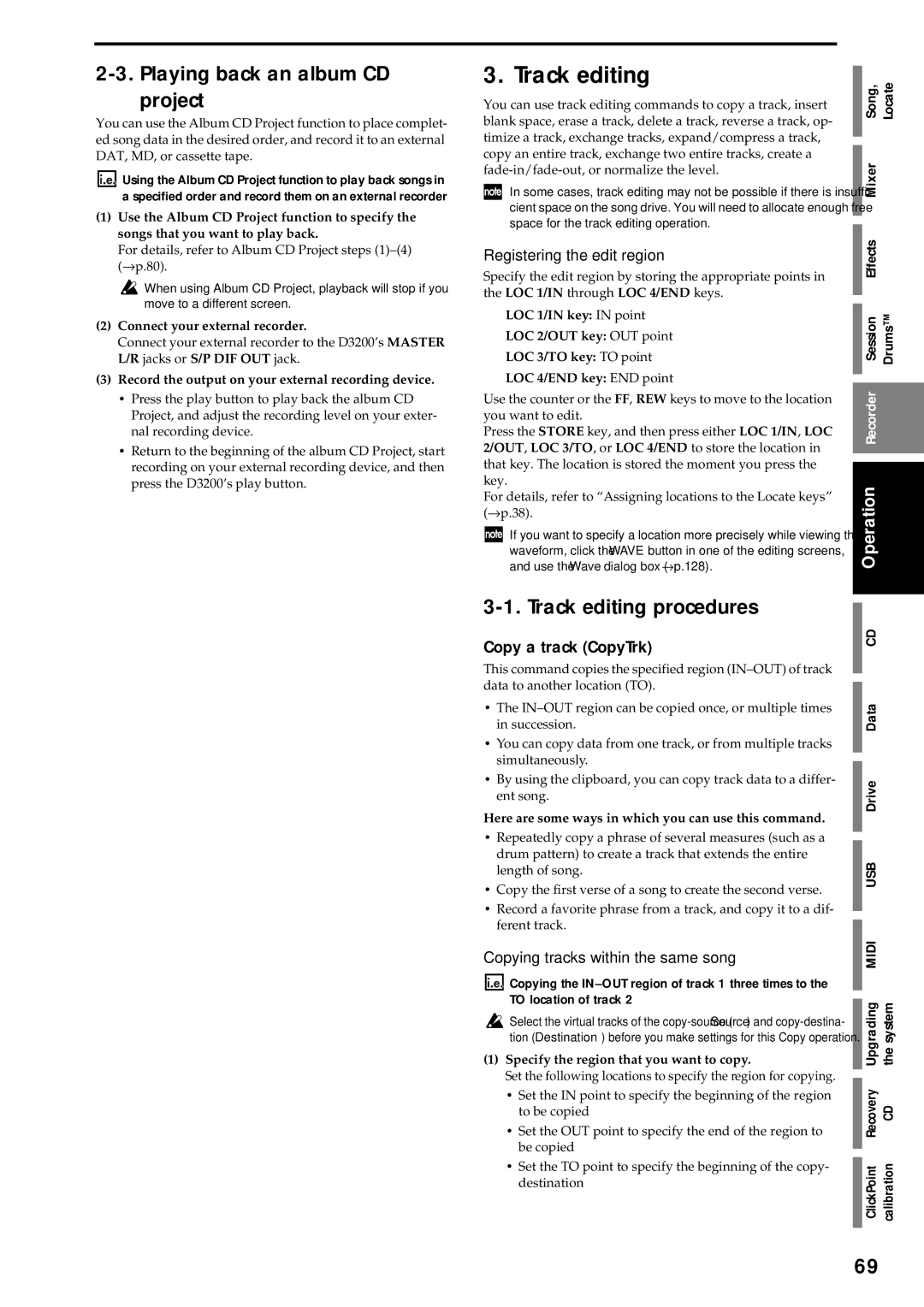 Korg D3200 owner manual Playing back an album CD project, Track editing procedures, Copy a track CopyTrk 